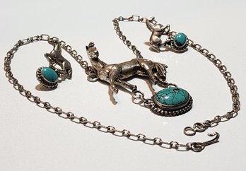 #JB06 Vintage Horse Theme Turquoise And Sterling Silver Necklace And Earring Set