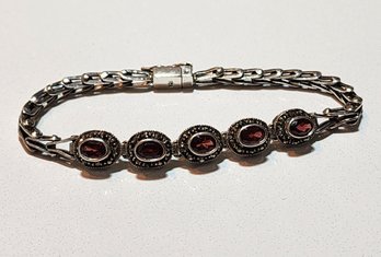 #JB14 Vintage Sterling Silver Marcasite And Dark Gemstone Bracelet