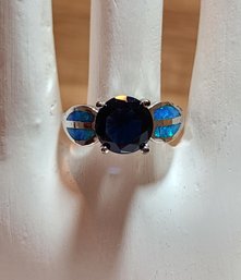 #JB26 Vintage Sterling Silver Ring Triple Setting Blue Stones Size 6.5