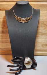 #JB45 Vintage Silver And Gold Tone Horse Theme Bracelet Cuff And Necklace Set