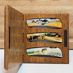 #JB64 Set Of (3) Outdoors Sportsman Theme Folding Knives With Wooden Presentation Box