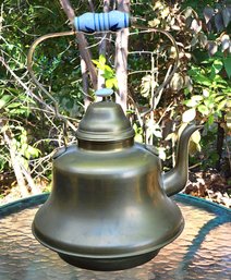 Antique Brass Kettle With White Blue Ceramic Handle - Dutch Vintage Kitchenware Country Farmhouse Decor