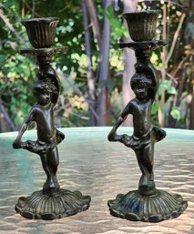 Pair Of (2) Beautiful Candlestick Holders BRASS CHERUB Theme