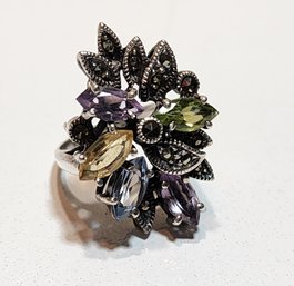 #JB142 Vintage Sterling Silver Cocktail Ring Marcasite And Colored Stone Accents