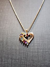 #JB148 Vintage Made In ITALY 14K Yellow Gold Necklace With 10k Yellow Gold Multicolor Stone Heart Pendant