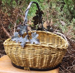 Huge Woven Rattan Basket With Metal Handle Leaf Accents