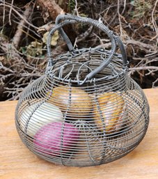 Vintage Metal Wire Egg Basket With Marble Eggs Inside