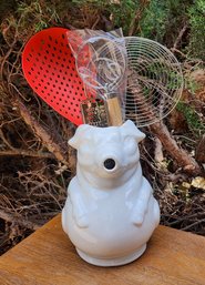 Vintage White Ceramic Pig Vessel With Assortment Of Kitchen Essentials