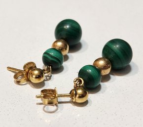 #JB187 Luxurious 14k Yellow Gold With Round Natural Malachite Beads Earrings Fine Jewlery