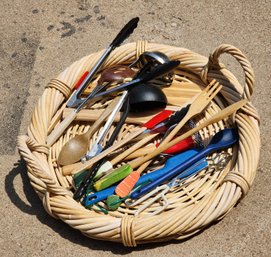 Assortement Of Kitchen Essentials And Large Woven Wicker Platter With Handles