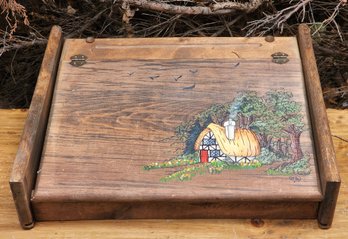 Vintage Wooden Tabletop Secretary With Folk Art Painting On Top