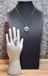 #JB208 Vintage Sterling Silver And Jadeite Necklace And Earring Set Jewelry