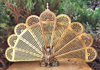 Vintage Hollywood Regency Art Nouveau Brass Fireplace Screen Folding Fan Style