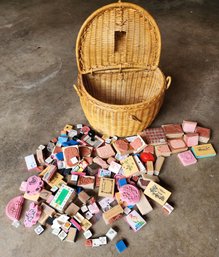 HUGE Assortment Of Rubber Stamps Arts And Crafts With Wicker Woven Basket