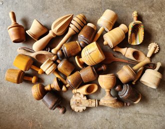 Assortment Of Wooden Kitchen Theme Essentials With Large Metal Bowl