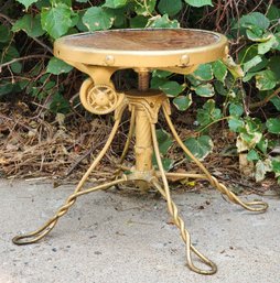 Vintage Wood And Metal Adjustable Stool With Steampunk Style Accents