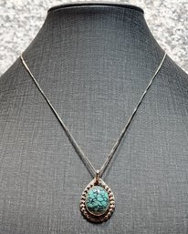 JB321 Vintage Artisan SIGNED Turquoise Sterling Pendant With Sterling Necklace