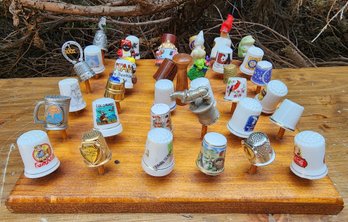 Vintage Wooden Peg Board Organizer With Assortment Of Thimbles