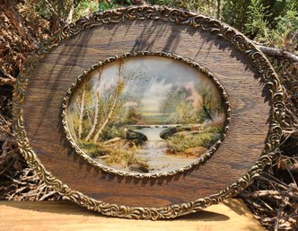 Antique Carved Wooden Frame And Art Print Oval Style