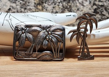 JB350 (2) Vintage Palm Tree Theme Sterling Silver 925 Brooch Pins