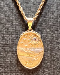 JB359 Sensational 14k Yellow Gold ITALY Long Necklace With 14k Yellow Gold FOOTPRINTS IN THE SAND Pendant