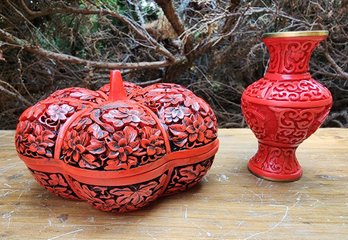 Pumpkin Shaped Vintage Chinese Cinnabar Trinket Box And Small Vase Vessel