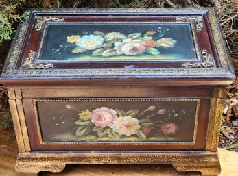 Vintage Wooden Storage Trunk With Accent Floral Scenes