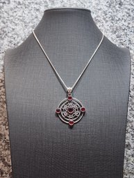 JB392 Engaging Sterling Silver Pendant With Dark Ruby Tone Stones ITALY Sterling Necklace Fine Jewelry