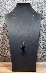 JB401 Gorgeous Vintage Sterling Silver Necklace And Deep Blue Sapphire Tone Stone Pendant