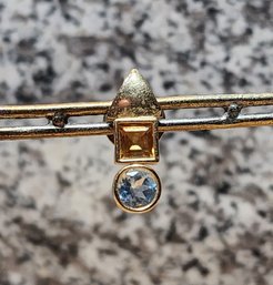 JB406 Stunning Vintage 14k Yellow Gold With AQUA And CITRINE Tone Accent Stones Pin