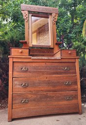 Antique Handmade Dresser With Marble Slab Accent And Mirror