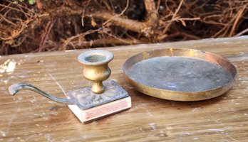 (2) Vintage Solid Brass Decor Selections - Matchbox Candleholder And Saucer