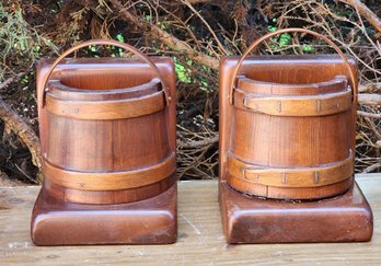 Vintage Wooden Bucket Style Bookend Set