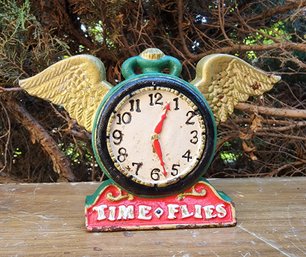 Vintage Cast Iron Metal TIME FLIES Bookend Doorstop Office Paperweight