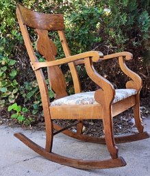 Vintage Wooden Rocking Chair With Upholstered Seat