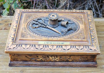 Vintage Composite Faux Wood Sewing Box With Organizer Tray