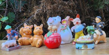 Large Assortment Of Vintage Ceramic Pig Theme Home Decor Figure Examples