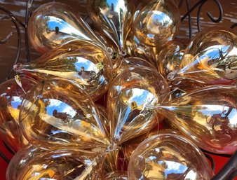 Vintage Mid Century Modern Teardrop Style Glass Christmas Ornaments In Metal Basket