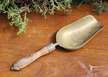 Antique Brass Scoop With Wooden Handle