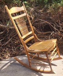 Vintage Solid Wood Rocking Chair With Cane Seat Accent