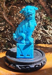 Vintage FOO DOG Vibrant Blue Ceramic Statue With Wood Stand