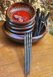 Vintage Chinese Red Laquer Accent Bowl Set With Chopsticks