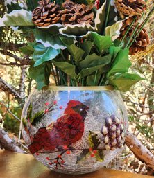 Christmas Clear Glass Redbird Vessel With Artifical Arrangement