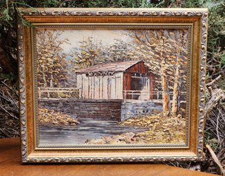 Vintage Fine Art Oil Framed Painting Covered Bridge Scene