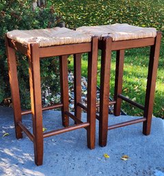 (2) Wood And Wicker Top Stools