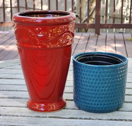 Red And Blue Ceramic Flower Pot Vessels Home Decor