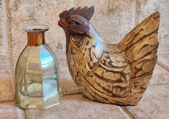 (2) Home Decor Selections - Wooden Handpainted Rooster And Made In ITALY Glass Vessel