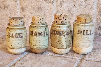 Vintage Set Of (4) Ceramic And Cork Top Spice Bottles