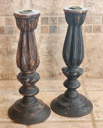 (2) Vintage Carved Wooden Candlestick Holders Holiday Christmas Thanksgiving