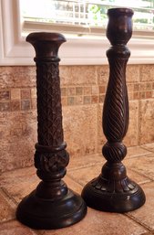 (2) Carved Wooden Candlestick Holders TWO'S COMPANY